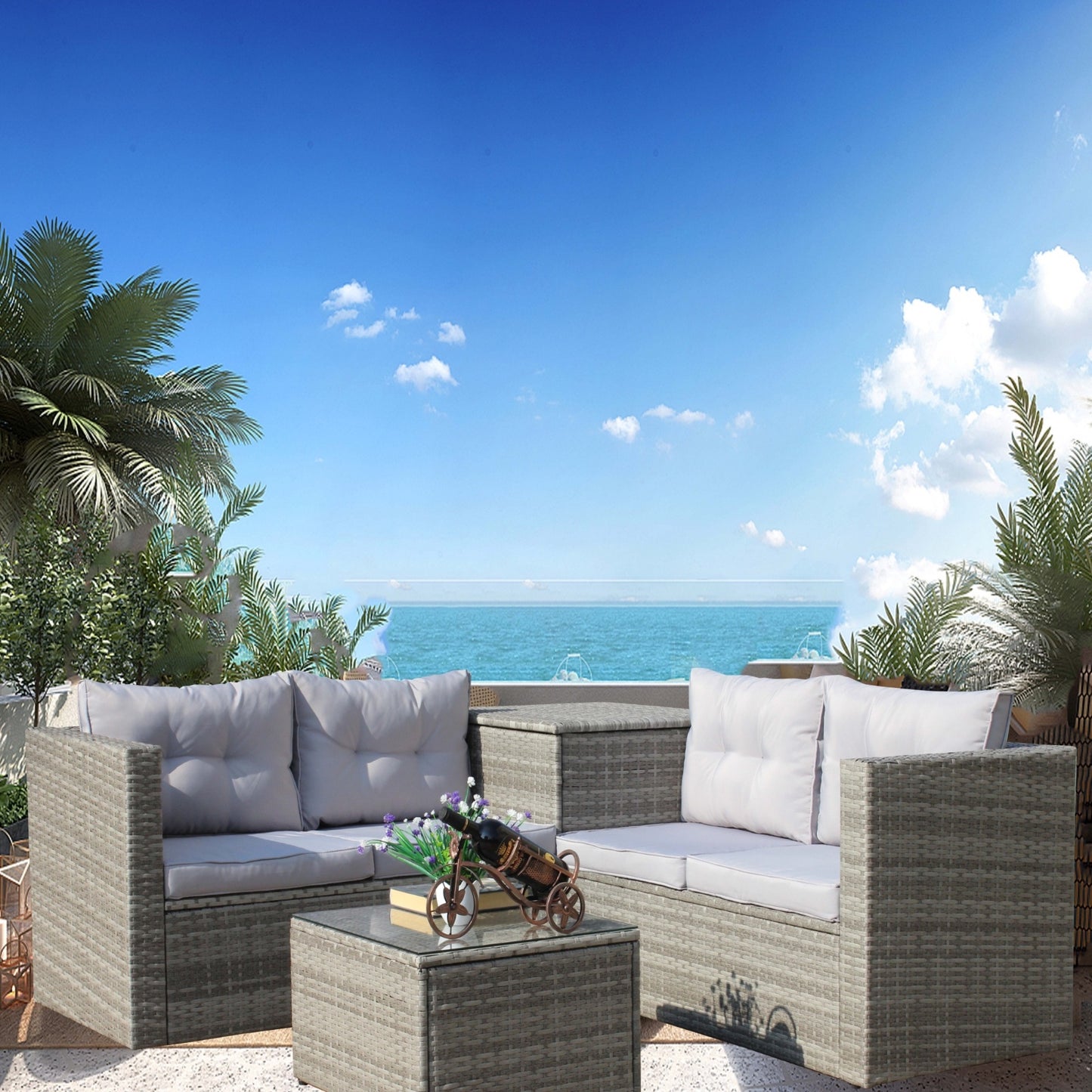 4Pc Patio Sectional Wicker Rattan Sofa Set W Storage Box Grey